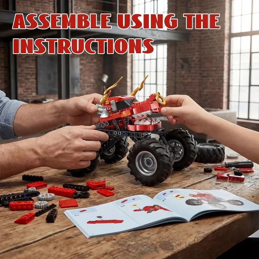 Red Dragon Monster Truck 2-in-1 Building Block Set Pull-Back STEM Toy Ages 8+
